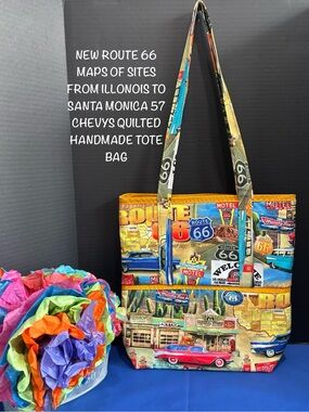 New Route 66 Map Site Quilted Handmade Shoulder Tote Bag